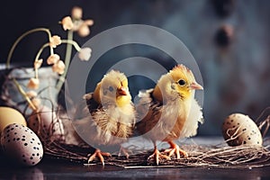 Little cute baby chicks in a bucket, playing at home, yellow newborn baby chicks