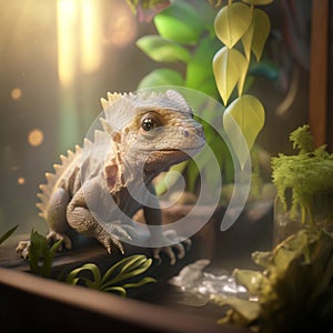 Little cute baby dinosaur or dragon in the room. Fictional fairy tale character.Concept art. AI generated