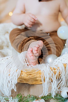 A little cute baby feet s in a basket decorated with needles and Christmas balls. Festive mood.