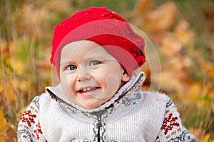 Little cute baby girl in autumn leaves