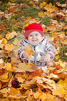 Little cute baby girl on a background of autumn leaves.