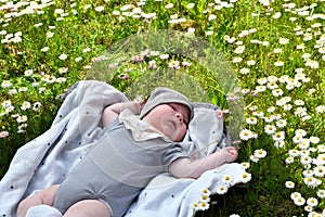 Little cute baby sleeping on the grass lawn with daisies