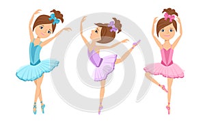 Little cute ballerinas in tutu dress and pointe dance. Vector cartoon dancing girls