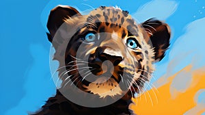 Little cute beautiful black panther, leopard kitten with blue eyes, cartoon