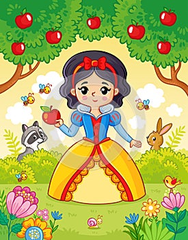 Little cute beautiful princess stands in the forest among trees and animals. Vector illustration in cartoon style
