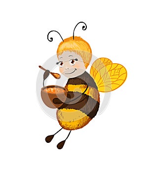 Little cute bee with honey. Smile character suitable for packing design of sweet treats with taste of honey or sticker in the chil