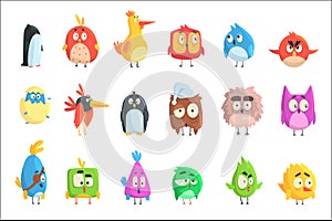 Little Cute Bird Chicks Collection Of Cartoon Characters in Geometric Shapes, Stylized Cute Baby Animals