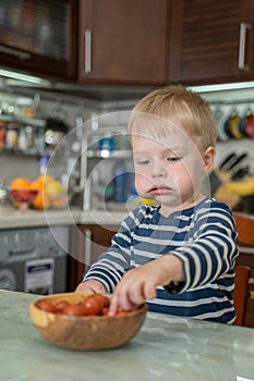 Little cute blond boy eats fresh juicy red cherry tomatoes with pleasure and appetite. healthy vitamin balanced food for child