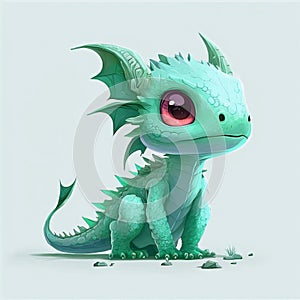 Little cute blue dragon with pink eyes, cartoon character.