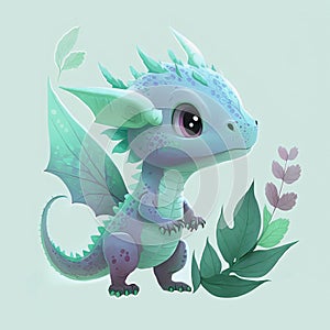 Little cute blue dragon, pretty creature, cartoon character.