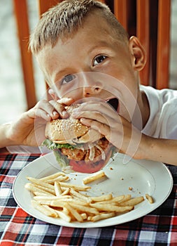 Little cute boy 6 years old with hamburger and