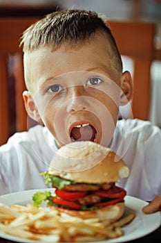 little cute boy 6 years old with hamburger and french fries maki