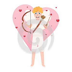 Little cute boy in cupid costume, adorable angel of love, valentine baby character holding bow and arrow