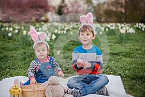 Little cute boy and girl are sitting on the grass near the daffodils. Children in costumes Easter bunnies