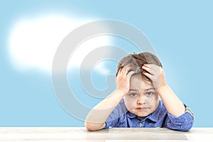 Little cute boy and his cloud of thoughts on isolated background