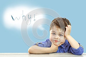 Little cute boy and his cloud of thoughts on isolated background