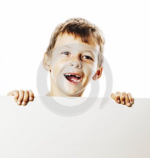 Little cute boy holding empty shit to copyspace isolated close u