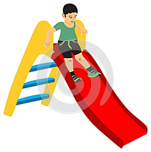 Little cute boy kid having fun setting on top of slide
