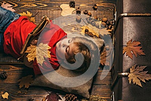 Little cute boy lies on a wooden floor with autumn leaves and read book. Little child boy lies on a warm blanket dreams