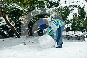 little cute boy making snowman. rolling big snowball