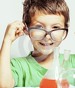 little cute boy with medicine glass isolated wearing glasses smi