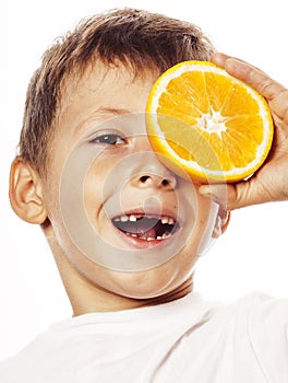 Little cute boy with orange fruit double isolated on white smiling without front teeth adorable kid cheerful