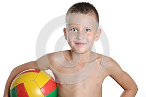 Little cute boy playing football ball isolated