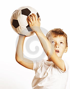 Little cute boy playing football ball isolated on white close up catching moove