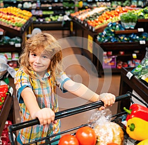 Little cute boy with shopping cart full of fresh organic vegetables and fruits in grocery food store or supermarket. Boy