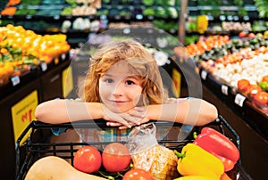 Little cute boy with shopping cart full of fresh organic vegetables and fruits in grocery food store or supermarket