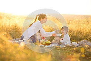 Little cute boy son and his beautiful pregnant mom at picnic