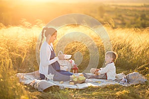 Little cute boy son and his beautiful pregnant mom at picnic