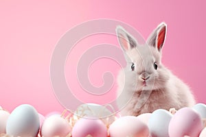 Little cute Bunny with Easter Eggs on pink background, copy space, Easter greeting card