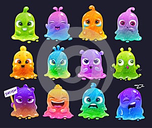 Little cute cartoon colorful glitter slime characters set.