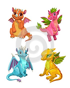 Little cute cartoon dragons set. Colotful fantasy monsters.