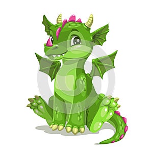 Little cute cartoon green baby dragon. Vector illustration.