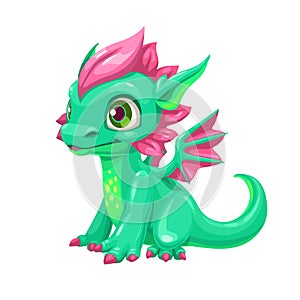 Little cute cartoon green dragon, vector icon.