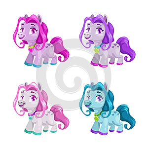 Little cute cartoon horses set. Pony princess toys collection.