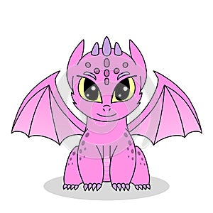 Little cute cartoon pink dragon with wings and horns. Funny fantasy character, young mythical reptile monster. Vector illustration