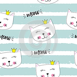 Little Cute Cat Princess Seamless Pattern Background Vector Illustration