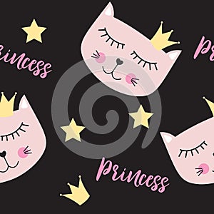 Little Cute Cat Princess Seamless Pattern Background Vector Illustration