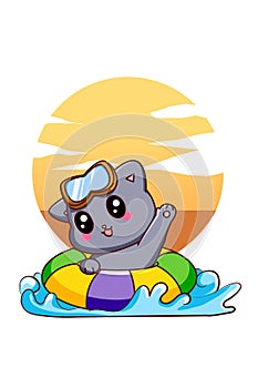 Little cute cat swimming in summer holiday cartoon illustration