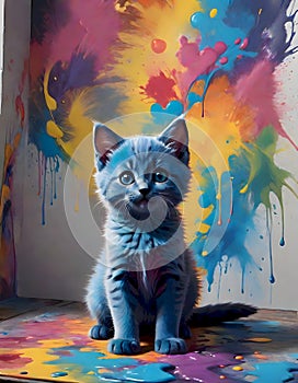 Little Cute Cat on Vibrant Paint Splash Background