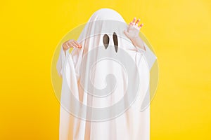 Little cute child with white dressed costume halloween ghost scary