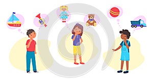 Little cute children character girl and boy dreaming new plaything, dreamy cheerful child flat vector illustration