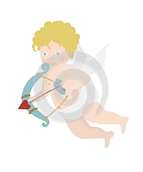 Little cute cupid with bow and arrow flies. Valentine's day illustration for design of cards and posters. Vector flat