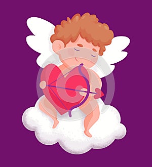 Little cute cupid boy character sitting on a cloud with a love bow in hands valentines day vector illustration clipart