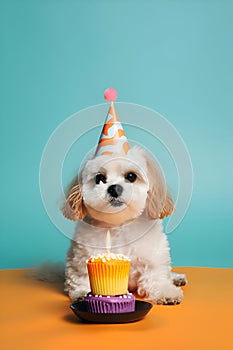 Little cute dog in birthday hat with cake on blue background, Generative AI 1