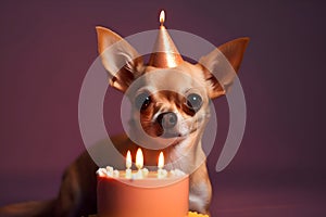 Little cute dog in birthday hat with cake on violet background, Generative AI