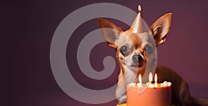 Little cute dog in birthday hat with cake on violet background, Generative AI